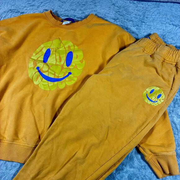 Outdoor Voices Sweat Set Womens L Yellow Smiley Hiker's Club Lounge Joggers Boxy - Picture 1 of 13